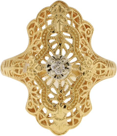 Antique 14KT Yellow & White Gold 0.05 CT Old Mine Cut Diamond Filigree Ring Size 6