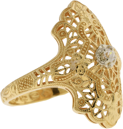 Antique 14KT Yellow & White Gold 0.05 CT Old Mine Cut Diamond Filigree Ring Size 6