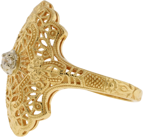 Antique 14KT Yellow & White Gold 0.05 CT Old Mine Cut Diamond Filigree Ring Size 6