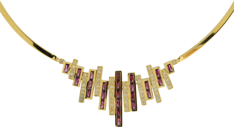 18k Yellow Gold Diamond & Rhodolite Garnet Bar Design Collar Necklace
