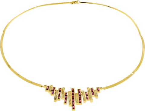 18k Yellow Gold Diamond & Rhodolite Garnet Bar Design Collar Necklace