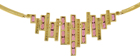18k Yellow Gold Diamond & Rhodolite Garnet Bar Design Collar Necklace