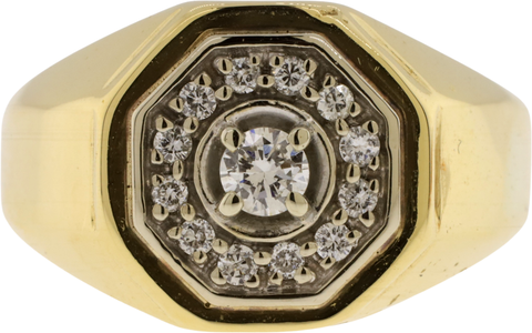 14k Yellow & White Gold Round Brilliant Cut Diamond Signet Style Ring Size 10.5