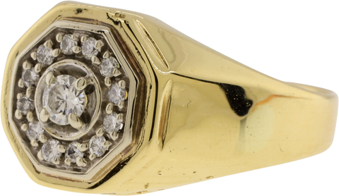 14k Yellow & White Gold Round Brilliant Cut Diamond Signet Style Ring Size 10.5