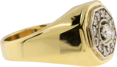 14k Yellow & White Gold Round Brilliant Cut Diamond Signet Style Ring Size 10.5