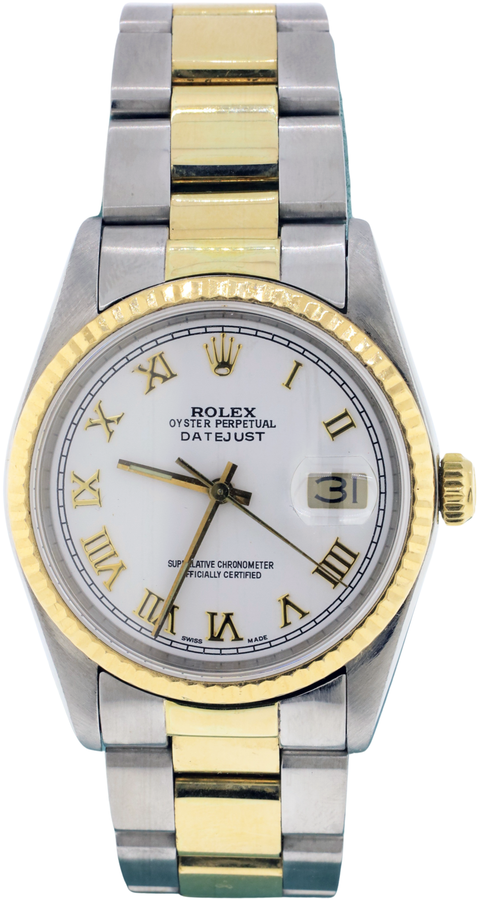 Rolex Datejust #16233 White Dial Gold/steel 36mm Roman Dial Jubilee Band Fluted