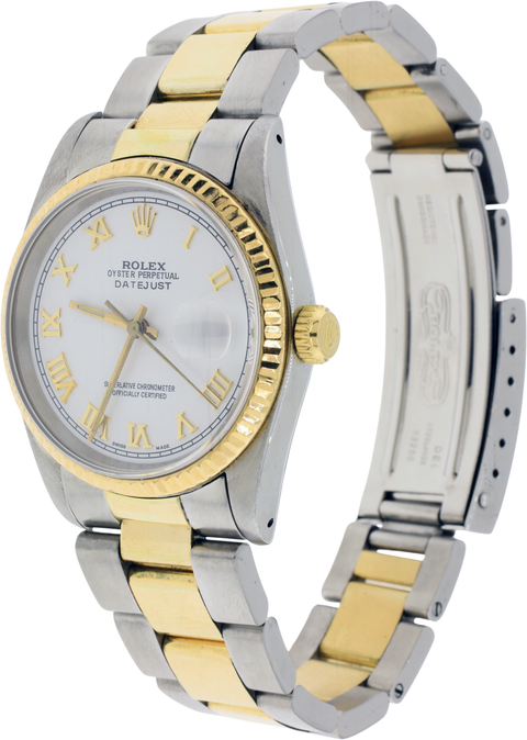 Rolex Datejust #16233 White Dial Gold/steel 36mm Roman Dial Jubilee Band Fluted