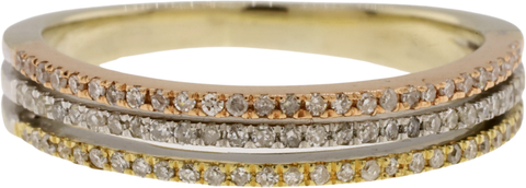 14KT Tri-Color Gold Diamond Split Shank Three-Row Band Ring