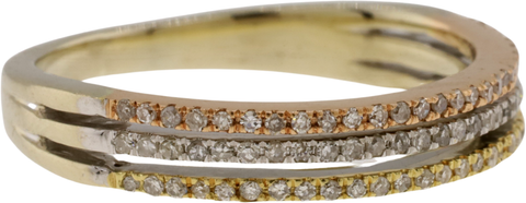 14KT Tri-Color Gold Diamond Split Shank Three-Row Band Ring