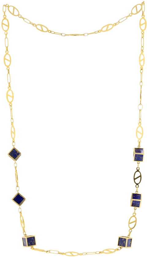 18KT Yellow Gold Lapis Lazuli 3D Cube Opera Length Necklace