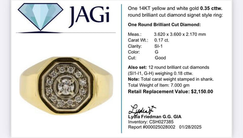 14k Yellow & White Gold Round Brilliant Cut Diamond Signet Style Ring Size 10.5