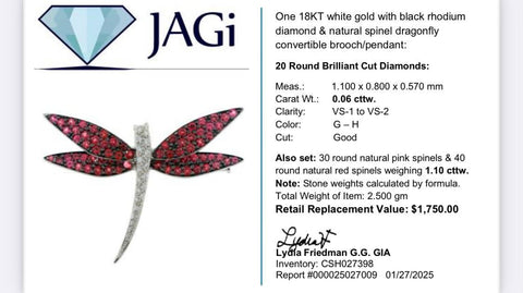 18k White Gold Black Rhodium Diamond & Natural Spinel Dragonfly Brooch/Pendant