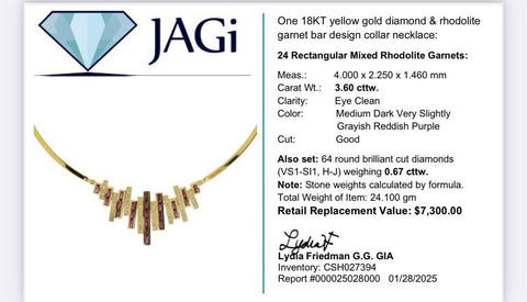 18k Yellow Gold Diamond & Rhodolite Garnet Bar Design Collar Necklace