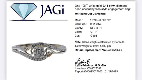 10K White Gold Diamond Heart Accent Bypass Style Engagement Ring Size 7