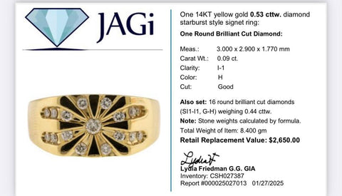 14K Yellow Gold Diamond Starburst Style Signet Ring Size 11