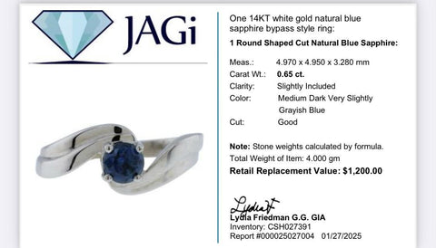 14K White Gold Natural Blue Sapphire Bypass Style Ring Size 6