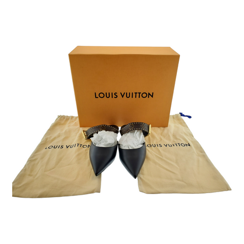 Louis Vuitton Cherie Slip On Mules Flats Monogram Black Brown Flat Size 37Eu/7US