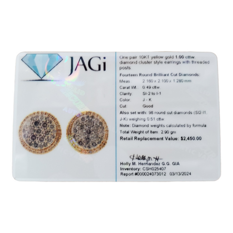 Gold-Diamond Earrings 112 Diamonds 10.15 Carat T.W. 10K Yellow Gold 2.9g Jagi. Cert.