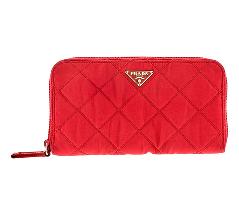 PRADA Round Zipper Quilted Red Long Wallet