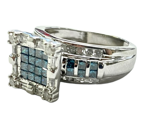10KT White Gold White & Blue Diamond Wide Band Statment Ring Size 10