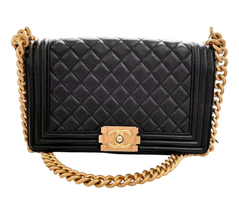 Chanel Boy Bag Black Caviar Aged Gold Medium Crossbody Flap Bag