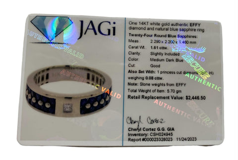 Effy Men's 14K White Gold Blue Sapphire and Diamond Ring Size 9.75