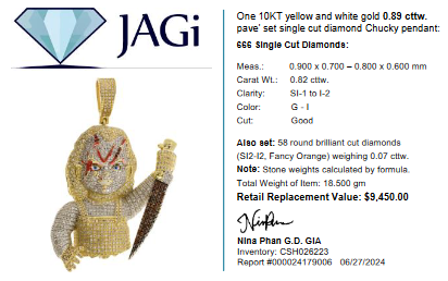 10KT Yellow and White Gold Pave Set Single Cut Diamond Chucky Pendant