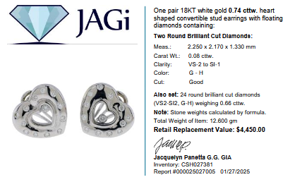 18KT White Gold 0.74 CTTW Heart-Shaped Convertible Stud Earrings