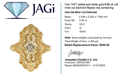 Antique 14KT Yellow & White Gold 0.05 CT Old Mine Cut Diamond Filigree Ring Size 6