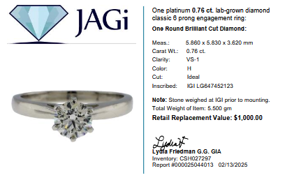 Platinum 0.76 ct Lab-Grown Diamond Engagement Ring – Classic 6-Prong Setting