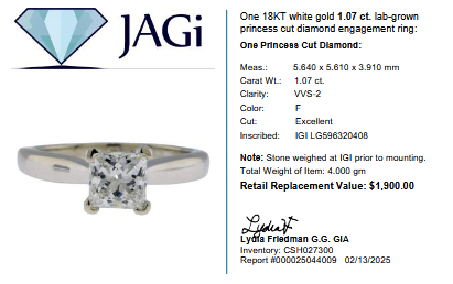 18KT White Gold 1.07 ct Lab-Grown Princess Cut Diamond Engagement Ring – IGI Certified