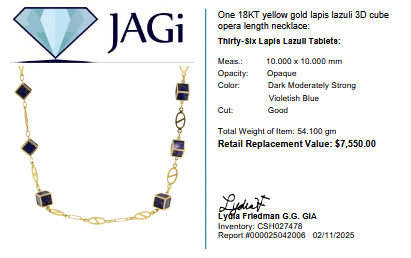 18KT Yellow Gold Lapis Lazuli 3D Cube Opera Length Necklace
