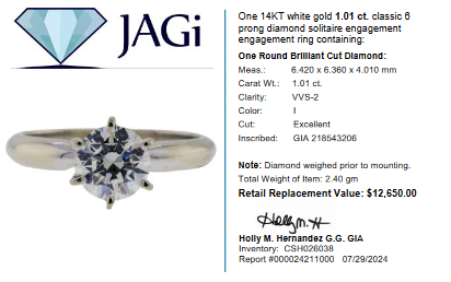 14KT White Gold 1.01 ct. Classic 6 Prong Diamond Solitaire Engagement Ring