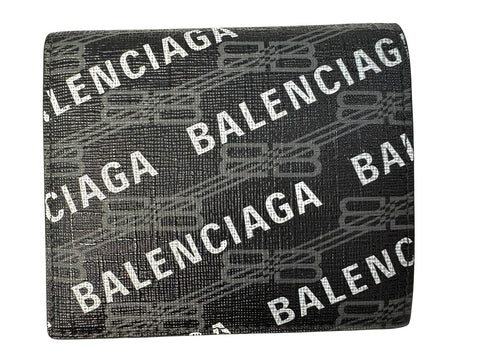 Balenciaga Logo Print Double-Fold Black Leather Wallet