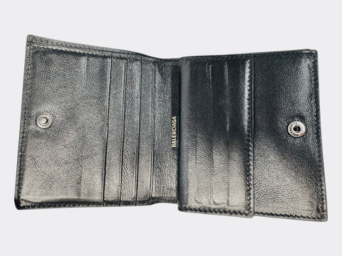 Balenciaga Logo Print Double-Fold Black Leather Wallet