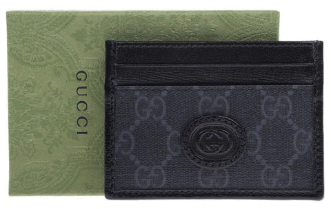 Gucci GG Supreme Black Leather Interlocking G Logo Card Case Wallet W/ Box