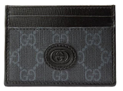 Gucci GG Supreme Black Leather Interlocking G Logo Card Case Wallet W/ Box