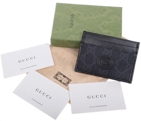 Gucci GG Supreme Black Leather Interlocking G Logo Card Case Wallet W/ Box