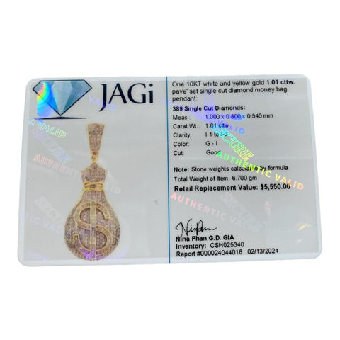 10K Yellow Gold 6.7g 389 Diamonds 1.010 Carat T.W. Money Bag Shape Pendant