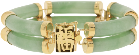 14K Yellow Gold Natural Jade Double Bangle Link Bracelet