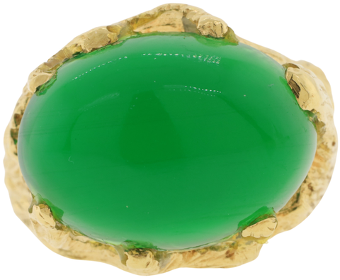 14KT Yellow Gold Green Chalcedony Cabochon Tree Bark Design Ring Size 6.75