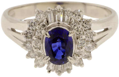 Platinum Diamond & Natural Blue Sapphire Ballerina Style Ring Size 6