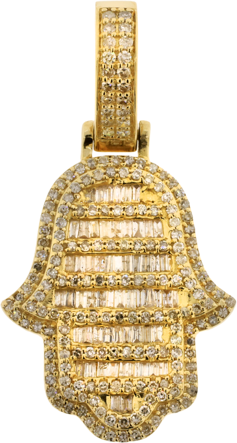 14Kt Yellow Gold Round & Baguette Cut Diamond Hamsa Pendant