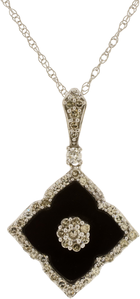 14Kt White Gold Diamond & Carved Onyx Quatrefoil Style Pendant W/ Necklace