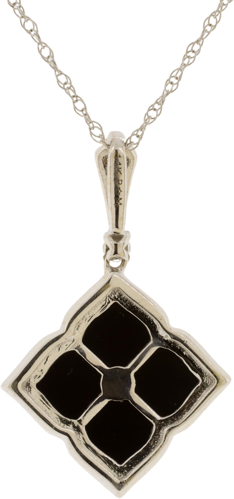 14Kt White Gold Diamond & Carved Onyx Quatrefoil Style Pendant W/ Necklace