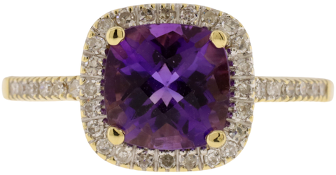 14K Yellow Gold Amethyst & Diamond Halo Ring