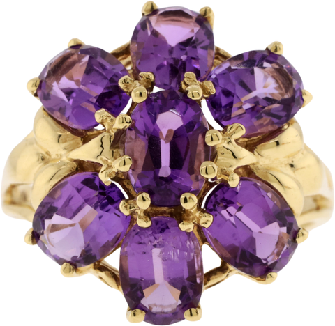 10KT Yellow Gold Oval Cut Amethyst Flower Style Cluster Ring