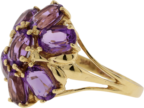 10KT Yellow Gold Oval Cut Amethyst Flower Style Cluster Ring