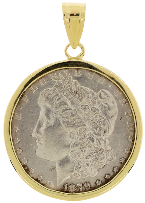 1879 Morgan Silver Dollar Pendant With 14K Yellow Gold Setting & Bail