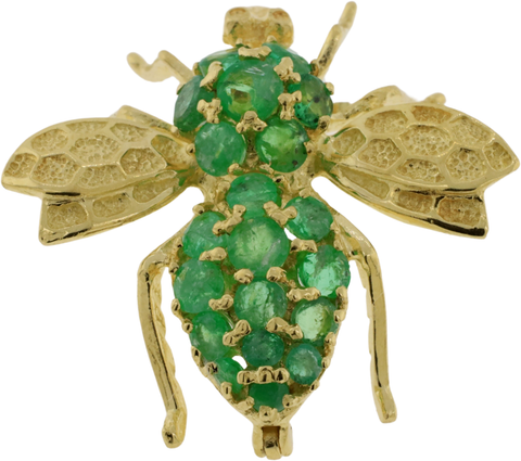 14K Yellow Gold Round Cut Natural Emerald Pave Bee Brooch